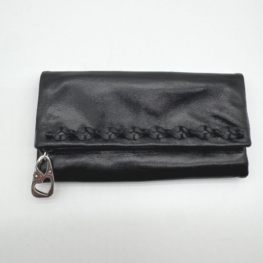 Brighton Black Leather Trifold Wallet Clutch‎ with Heart Charm Floral Detail